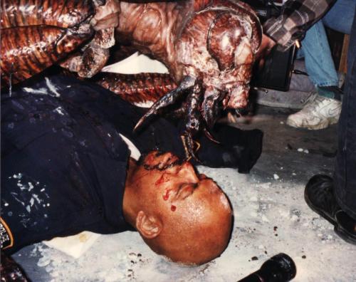 A Mimic brutally kills Charles Dutton! Not really, it's just a dummy double for him.