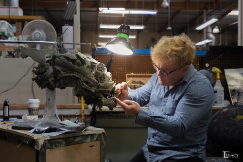 Shane Mahan sculpting the dead Nostromo Alien's head.